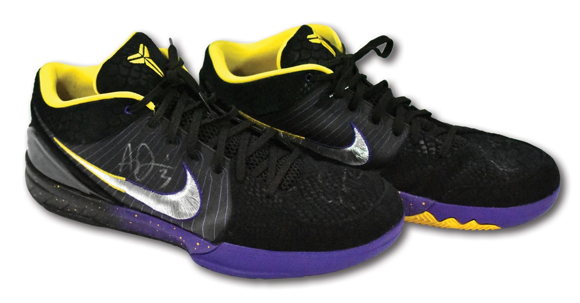 2019-20 ANTHONY DAVIS DUAL-SIGNED PAIR OF L.A. LAKERS GAME WORN NIKE KOBE IV PROTRO SHOES PHOTO-MATCHED TO TWO WINS & 61 TOTAL POINTS!