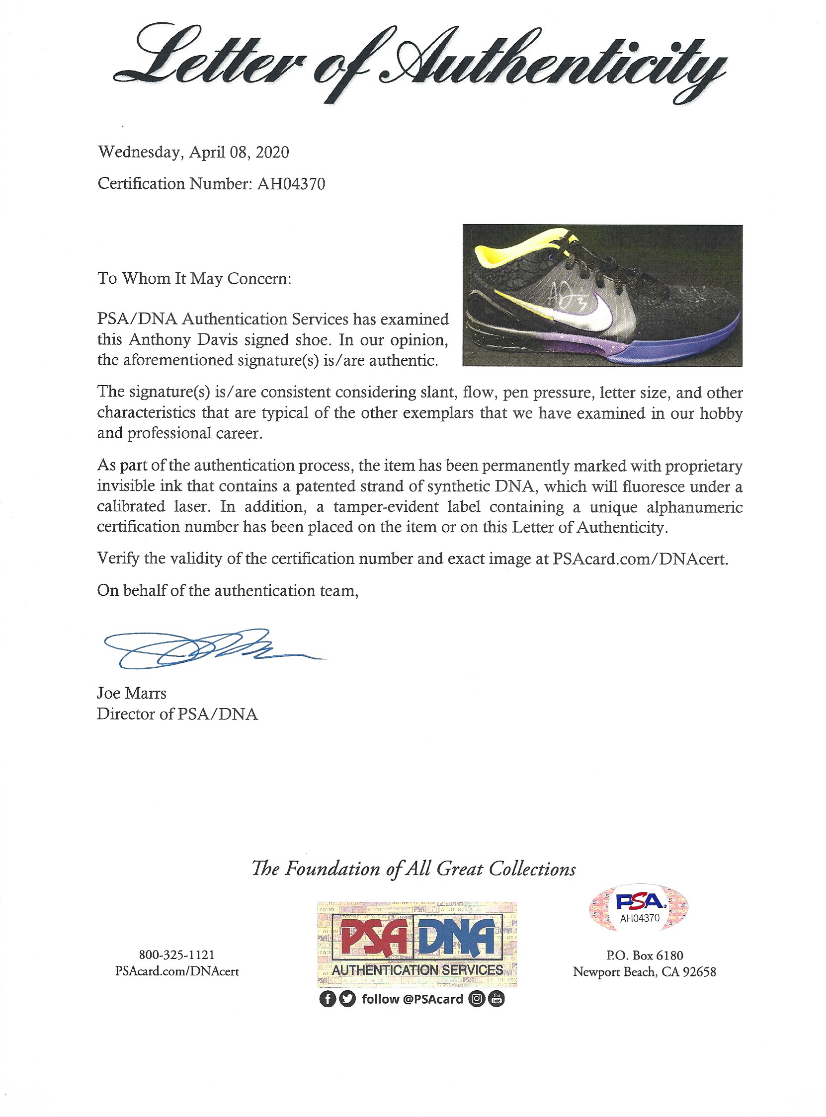 Anthony Davis Autographed Signed Lakers Nike Pe Ltd Shoes PSA/DNA