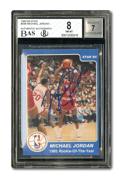 1984-85 STAR CO. BASKETBALL #288 MICHAEL JORDAN "ROOKIE OF THE YEAR" AUTOGRAPHED (BECKETT DUAL GRADE: NM-MT 8 CARD; 7 AUTO.)
