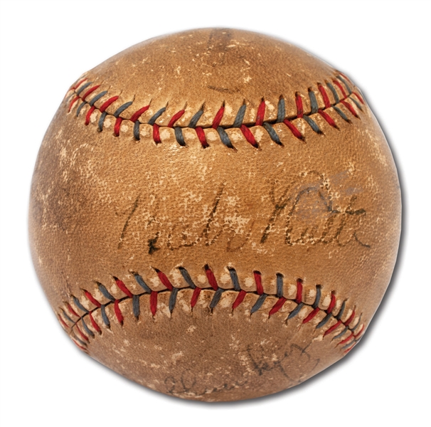 1930 NY YANKEES PARTIAL TEAM SIGNED OAL (BARNARD) BASEBALL WITH (7) HALL OF FAMERS INCL. RUTH & GEHRIG