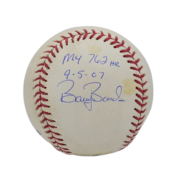 THE BALL HIT BY BARRY BONDS FOR HIS 762nd AND FINAL CAREER HOME RUN (9/5/2007) ESTABLISHING MLBS ALL-TIME RECORD - SIGNED & INSCRIBED BY BONDS WITH IMPECCABLE DOCUMENTATION!