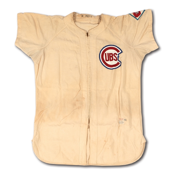 1951 HAL JEFFCOAT CHICAGO CUBS GAME WORN HOME JERSEY WITH TEAMS 75TH ANNIVERSARY PATCH (MEARS)