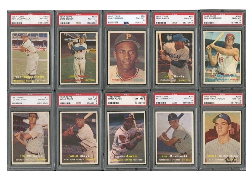 1957 TOPPS BASEBALL PSA GRADED NEAR COMPLETE SET (406/407) WITH 8.0 GPA - PLUS #176b "BAKEP" ERROR FOR 407 TOTAL CARDS (ALL PSA NM-MT 8 OR HIGHER)