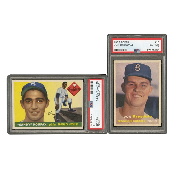 1955 TOPPS #123 SANDY KOUFAX AND 1957 TOPPS #18 DON DRYSDALE ROOKIE CARDS - BOTH PSA EX-MT 6