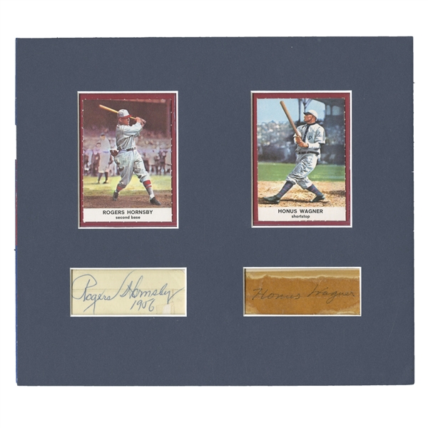 HONUS WAGNER (PSA/DNA AUTH.) AND ROGERS HORNSBY (PSA/DNA MINT 9) CUT SIGNATURES DISPLAYED WITH MODERN BASEBALL CARDS