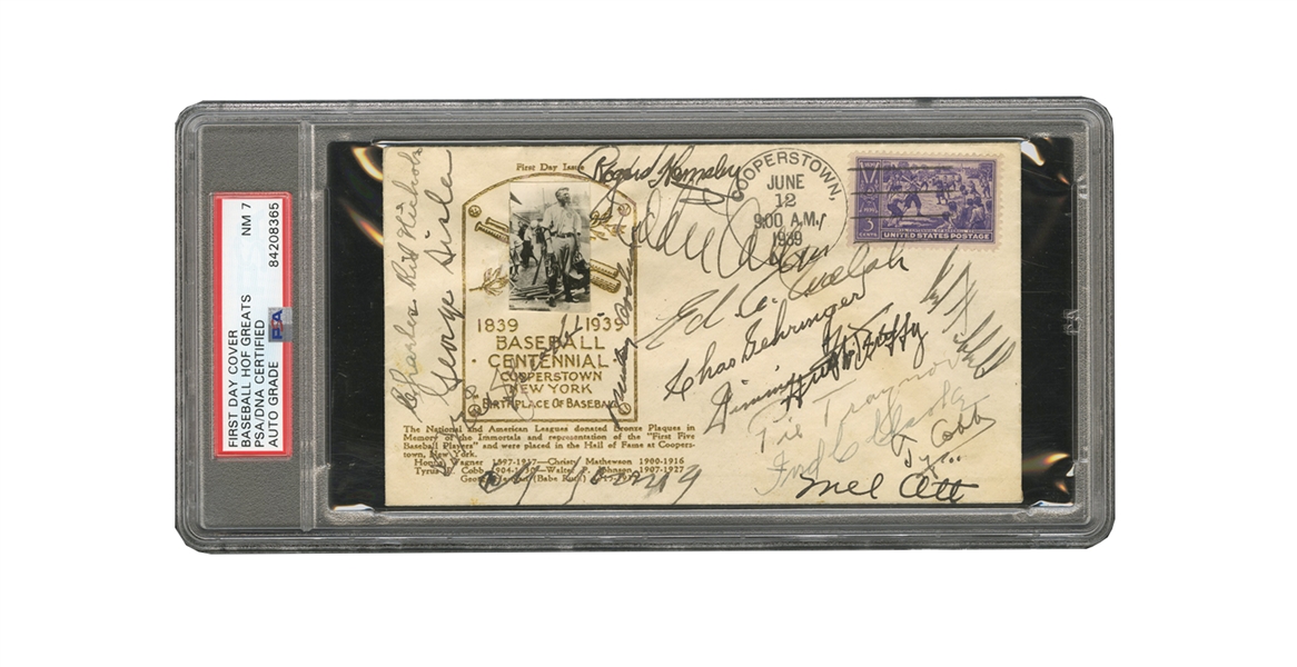 1939 INAUGURAL HALL OF FAME FIRST DAY COVER SIGNED BY 16 EARLY INDUCTEES INCL. TY COBB, CY YOUNG, SPEAKER, SISLER, COLLINS, FOXX, HORNSBY, OTT, ETC. - PSA/DNA NM 7 (ORIGINAL BBWAA VOTER PROVENANCE)