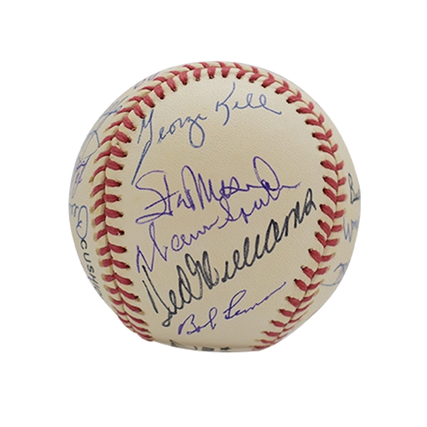 HIGH-GRADE ONL BASEBALL SIGNED BY 20 HALL OF FAMERS INCL. TED WILLIAMS, MUSIAL, ETC. (ENOS SLAUGHTER FAMILY LOA)