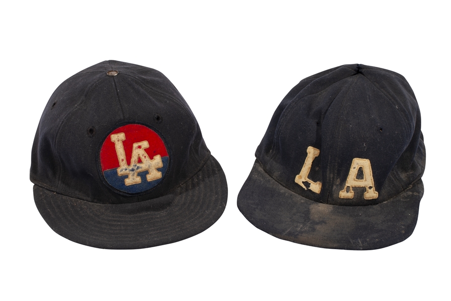 VINTAGE PAIR OF C. 1947 (PCL CHAMPIONS) AND 1954 LOS ANGELES ANGELS GAME WORN CAPS (EX-DOBBINS)