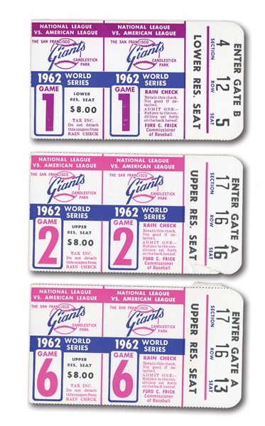 1962 WORLD SERIES TRIO OF N.Y. YANKEES AT S.F. GIANTS (CANDLESTICK PARK) TICKETS STUBS FROM GAMES ONE, TWO & SIX