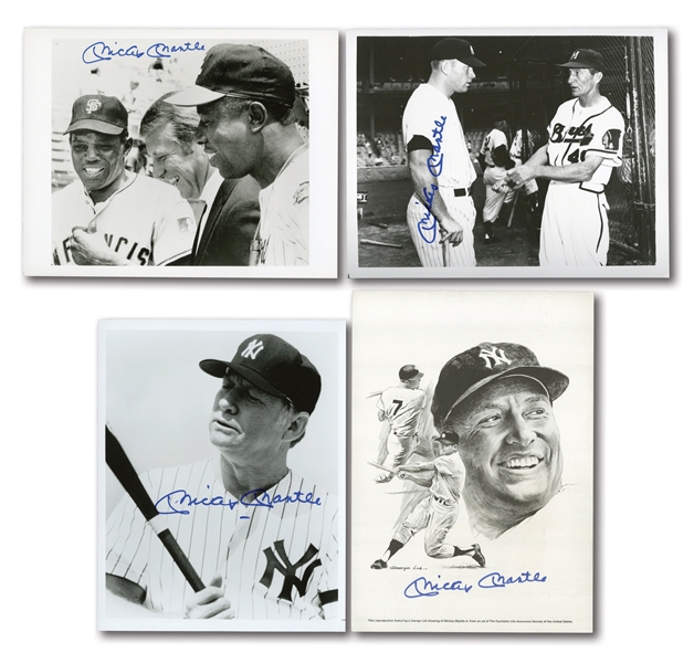 MICKEY MANTLE LOT OF (4) SIGNED FLATS INCL. GEORGE LOH ART PRINT AND (3) BLACK & WHITE 8x10 PHOTOS