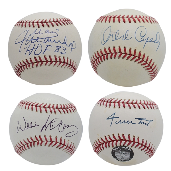 S.F. GIANTS LEGENDS LOT OF (4) SINGLE SIGNED BASEBALLS WITH MAYS (PSA/DNA 9), McCOVEY, MARICHAL & CEPEDA