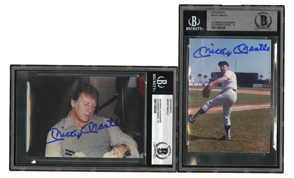 MICKEY MANTLE LOT OF (4) AUTOGRAPHED SMALL-FORMAT PHOTOS - THREE BECKETT 10 AUTO. (OTHER MINT 9)