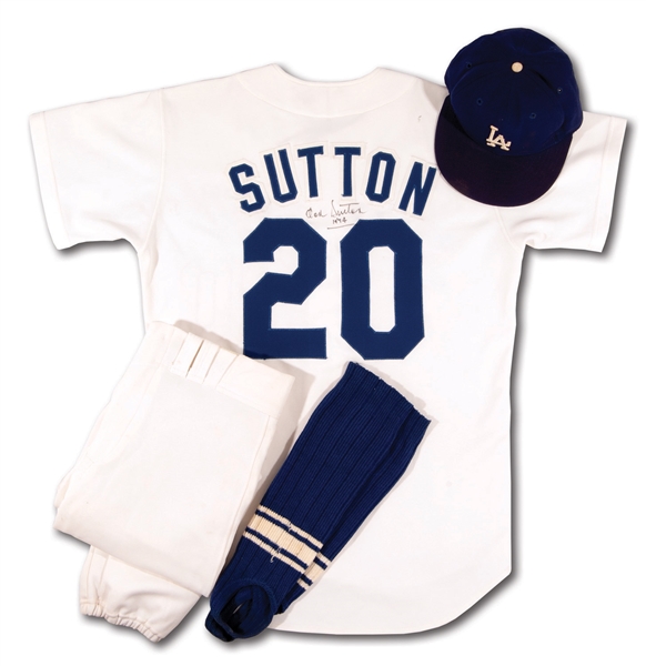 1979 DON SUTTON SIGNED L.A. DODGERS GAME WORN HOME UNIFORM ENSEMBLE INCL. JERSEY (MEARS A9.5), PANTS, CAP & STIRRUPS - ALL LOANED & DISPLAYED IN COOPERSTOWN HOF MUSEUM