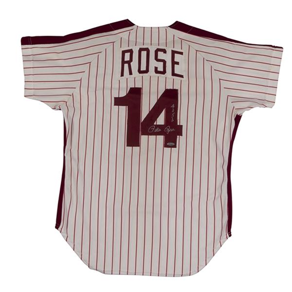 1980 PETE ROSE SIGNED & INSCRIBED ("4256") PHILADELPHIA PHILLIES GAME WORN HOME JERSEY FROM WORLD CHAMP. SEASON (MEARS A10)