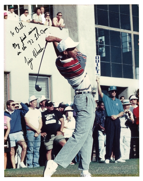 1992 TIGER WOODS SIGNED & SIGNED 11x14 PHOTO FROM HIS PGA TOUR DEBUT (L.A. OPEN) AT AGE 16 - SOURCED FROM HIS FIRST GOLF CLUB FITTER