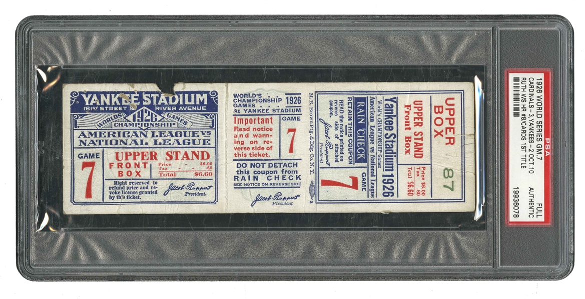 1926 WORLD SERIES (ST. LOUIS CARDINALS AT N.Y. YANKEES) GAME 7 FULL TICKET: CARDS CLINCH 1ST W.S. TITLE (PSA AUTHENTIC)
