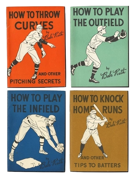 1930S QUAKER OATS BABE RUTH "HOW TO" BOOKLETS COMPLETE SET OF FOUR - KNOCK HRS, PLAY OUTFIELD, PLAY INFIELD & THROW CURVES