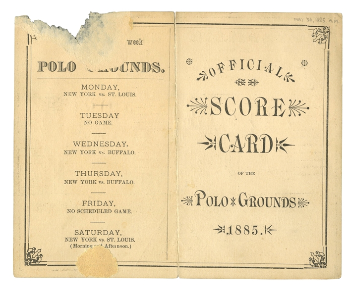 1885 NEW YORK GIANTS (VS. ST. LOUIS MAROONS) POLO GROUNDS OFFICIAL SCORE CARD