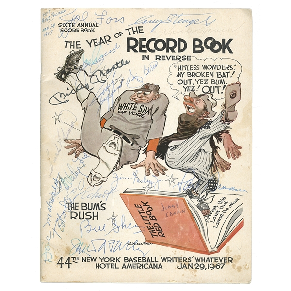 1967 NEW YORK BBWAA ANNUAL DINNER "SCORE BOOK" SIGNED BY MICKEY MANTLE, YOGI BERRA, FORD, STENGEL, F. ROBINSON & MORE