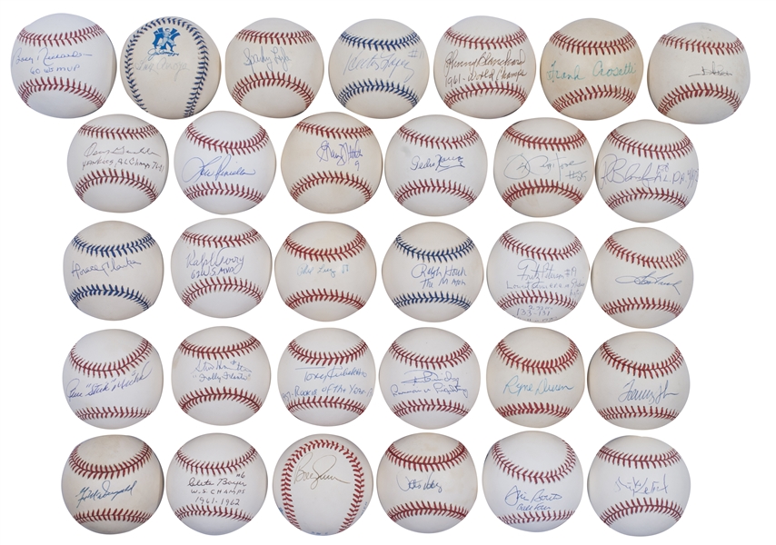 NEW YORK YANKEES MOSTLY 1950S-70S LOT OF (32) SINGLE SIGNED BASEBALLS (SOME INSCRIBED)