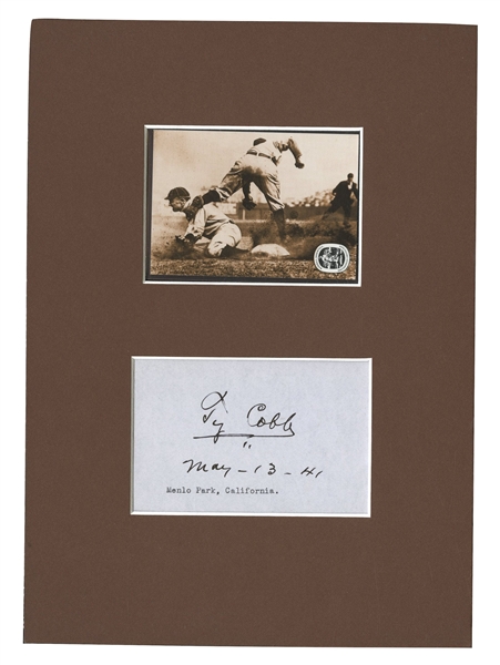 1941 TY COBB BOLDLY SIGNED & DATED ALBUM PAGE WITH MODERN BASEBALL CARD DISPLAY - PSA/DNA MINT 9