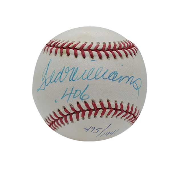 TED WILLIAMS SINGLE SIGNED OAL (BROWN) BASEBALL INSCRIBED ".406"