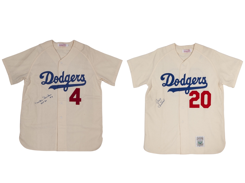 DUKE SNIDER ("HOF 80 #4") AND DON SUTTON PAIR OF SIGNED DODGERS MITCHELL & NESS THROWBACK HOME JERSEYS