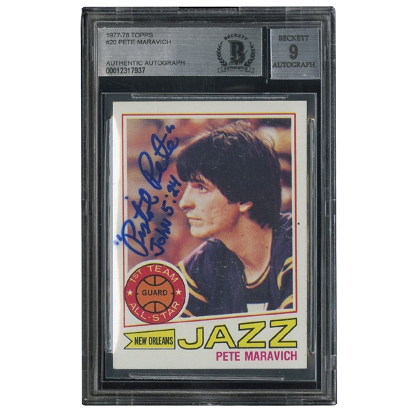 1977 TOPPS #20 PETE MARAVICH SIGNED & INSCRIBED "PISTOL PETE JOHN 5:24" - BECKETT 9 AUTO. (TIM GALLAGHER COLLECTION)