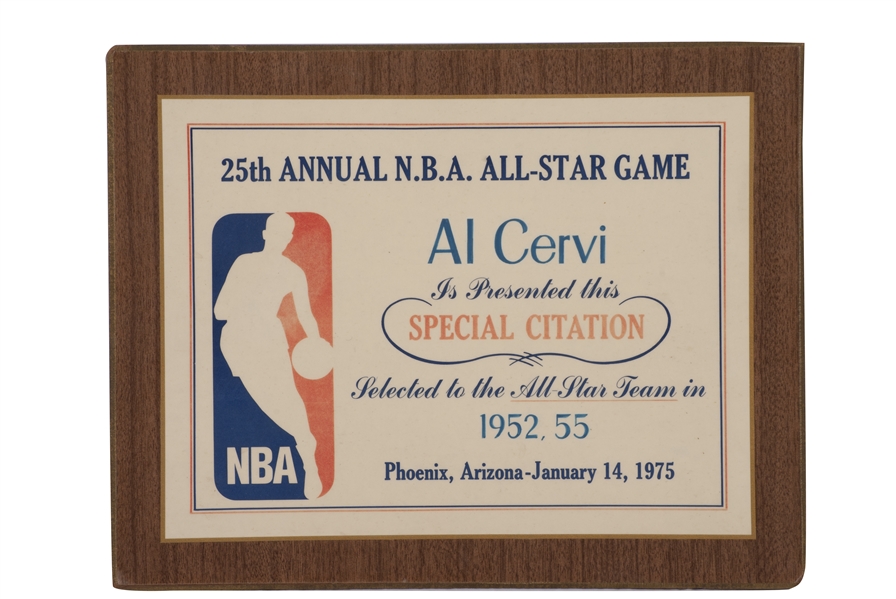 AL CERVIS 1975 NBA ALL-STAR GAME 25TH ANNIVERSARY SPECIAL AWARD HONORING HIS TWO ALL-STAR GAMES AS HEAD COACH