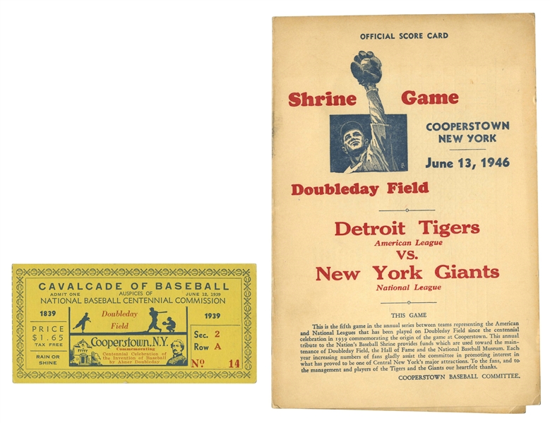 1939 "CAVALCADE OF BASEBALL" TICKET STUB PLUS 1941-46 COOPERSTOWN HALL OF FAME GAME PROGRAMS (5 CONSECUTIVE INDUCTION YEARS)