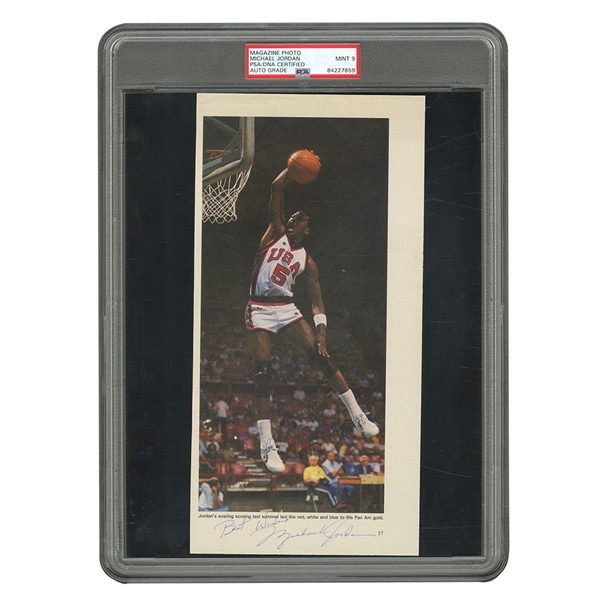 VINTAGE MICHAEL JORDAN SIGNED & INSCRIBED ("BEST WISHES") 1983 PAN AM GAMES MAGAZINE PHOTO - PSA/DNA MINT 9 AUTO. (TIM GALLAGHER COLLECTION)