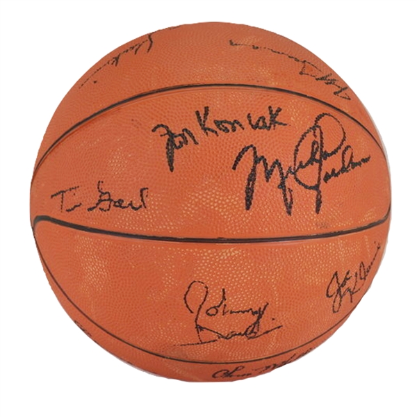 FINEST KNOWN 1984 U.S. MENS BASKETBALL OLYMPIC CHAMPIONS TEAM SIGNED BALL WITH STUNNING, PRE-ROOKIE MICHAEL JORDAN AUTO. PLUS EWING, MULLIN, ETC. - SOURCED FROM USA VS. INDIANA ALUMNI GAME