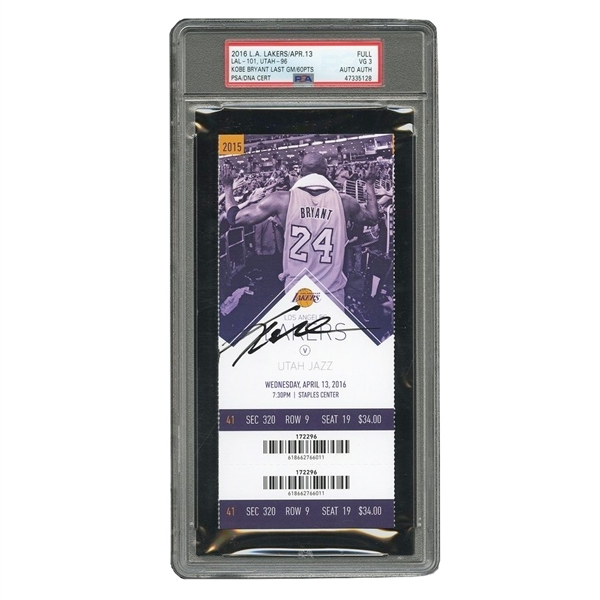 APRIL 13, 2016 KOBE BRYANT AUTOGRAPHED FINAL GAME FULL TICKET FROM HIS EPIC 60-POINT FAREWELL PERFORMANCE ("MAMBA OUT!") - PSA VG 3, PSA/DNA AUTH.