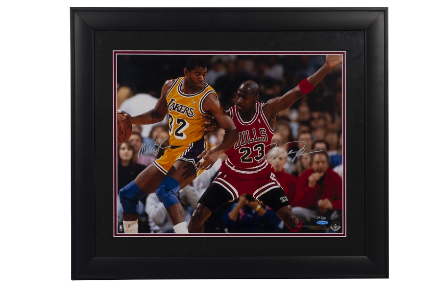 MICHAEL JORDAN AND MAGIC JOHNSON DUAL-SIGNED 1991 NBA FINALS 16x20 PHOTO - LE #59/100 (UDA)