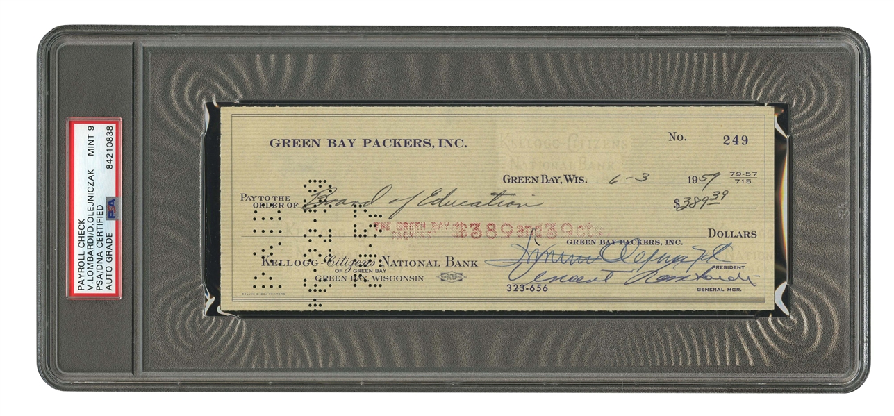 6/3/1959 VINCE LOMBARDI AUTOGRAPHED GREEN BAY PACKERS BANK CHECK ALSO SIGNED BY TEAM PRESIDENT (PSA/DNA MINT 9)