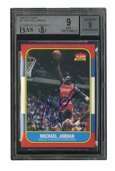1986-87 FLEER #57 MICHAEL JORDAN AUTOGRAPHED ROOKIE (BECKETT DUAL GRADE: CARD MINT 9; AUTO. 9) - THE GREATEST OVERALL MJ CARD EVER OFFERED! (TIM GALLAGHER COLLECTION)