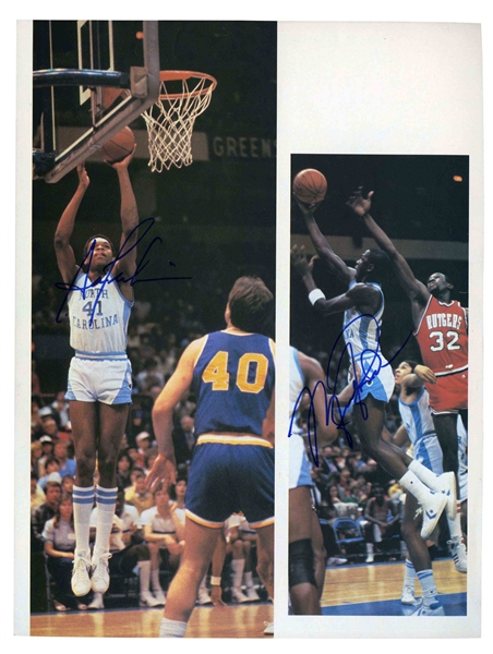 MICHAEL JORDAN AND SAM PERKINS DUAL-SIGNED C. 1983 UNC TAR HEELS BASKETBALL MEDIA GUIDE PHOTO - BECKETT AUTH. (TIM GALLAGHER COLLECTION)