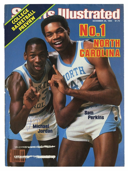MICHAEL JORDAN AND SAM PERKINS DUAL-SIGNED 11/28/1983 SPORTS ILLUSTRATED COVER ("NO. 1 NORTH CAROLINA") - BECKETT 10 AUTO. (TIM GALLAGHER COLLECTION)