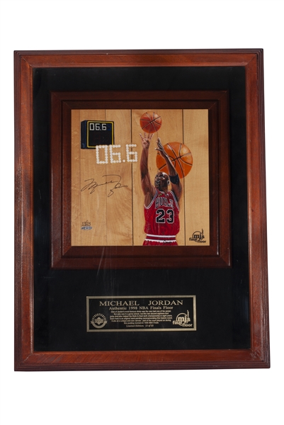 MICHAEL JORDAN AUTOGRAPHED 1998 NBA FINALS GAME USED FLOOR PIECE WITH "LAST SHOT" ("06.6") ORIGINAL ARTWORK - LE #13/23 (UDA COA)