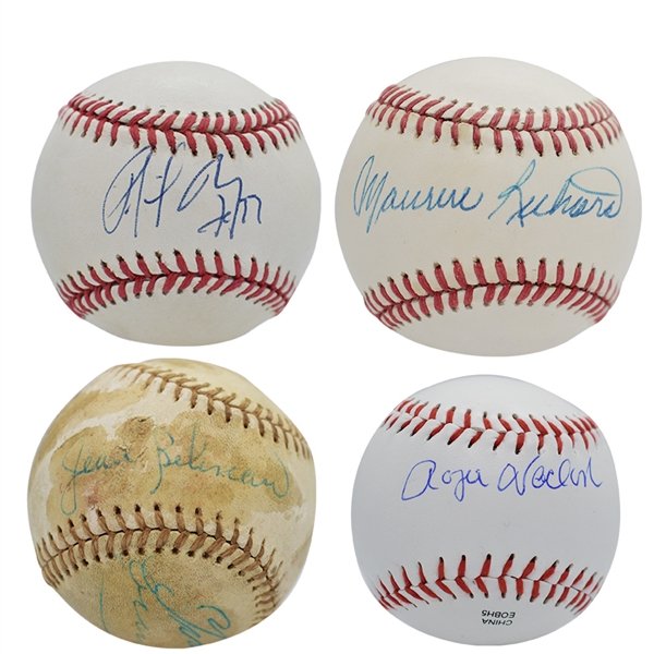 MONTREAL CANADIENS TRIO OF PATRICK ROY, ROGIE VACHON & MAURICE RICHARD SINGLE SIGNED BASEBALLS PLUS HABS GREATS MULTI-SIGNED BALL