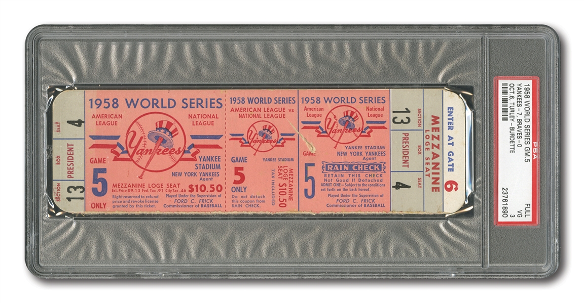 1958 WORLD SERIES (N.Y. YANKEES VS. BRAVES) GAME 5 FULL TICKET FROM NYY TEAM PRESIDENTS BOX - PSA VG 3