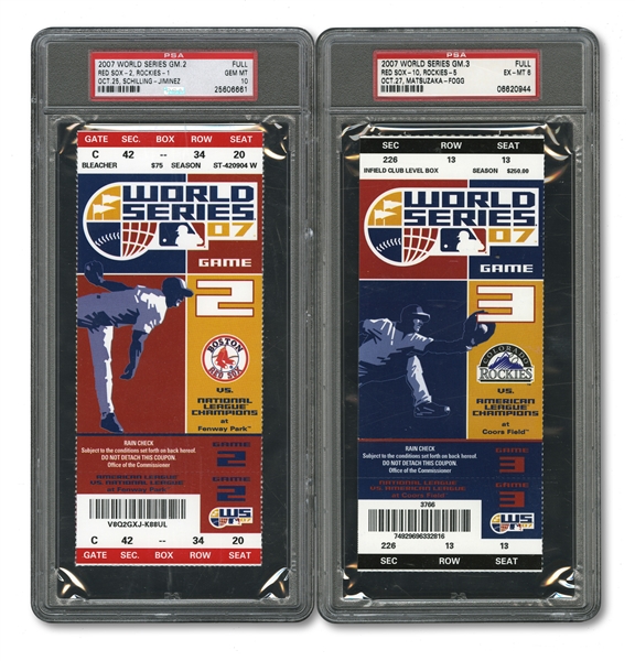 2007 WORLD SERIES (RED SOX SWEPT ROCKIES) PAIR OF FULL TICKETS - GAME 2 @ BOS (PSA GEM-MT 10) AND GAME 3 @ COL (PSA EX-MT 6)