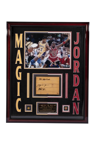 MICHAEL JORDAN AND MAGIC JOHNSON DUAL-SIGNED 1991 NBA FINALS FLOOR PIECE FROM JORDANS 1ST TITLE - LE #14/23 (UDA)