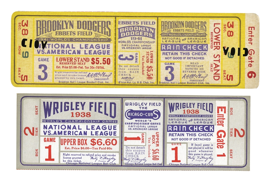 PAIR OF 1938 WORLD SERIES GAME 1 (NYY @ CUBS) AND 1941 WORLD SERIES GAME 3 (NYY AT DODGERS) FULL TICKETS - BOTH SERIES WON BY YANKEES