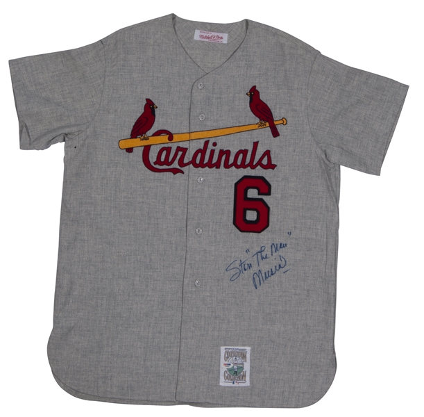 STAN MUSIAL SIGNED & INSCRIBED ("THE MAN") ST. LOUIS CARDINALS MITCHELL & NESS THROWBACK ROAD JERSEY