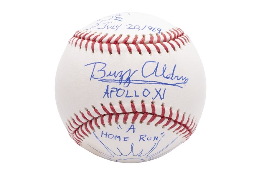 BUZZ ALDRIN AND ROBERT McCALL SIGNED OML (SELIG) BASEBALL WITH ILLUSTRATIONS & INCREDIBLE INSCRIPTIONS ("APOLLO XI - JULY 20, 1969 - A HOME RUN")
