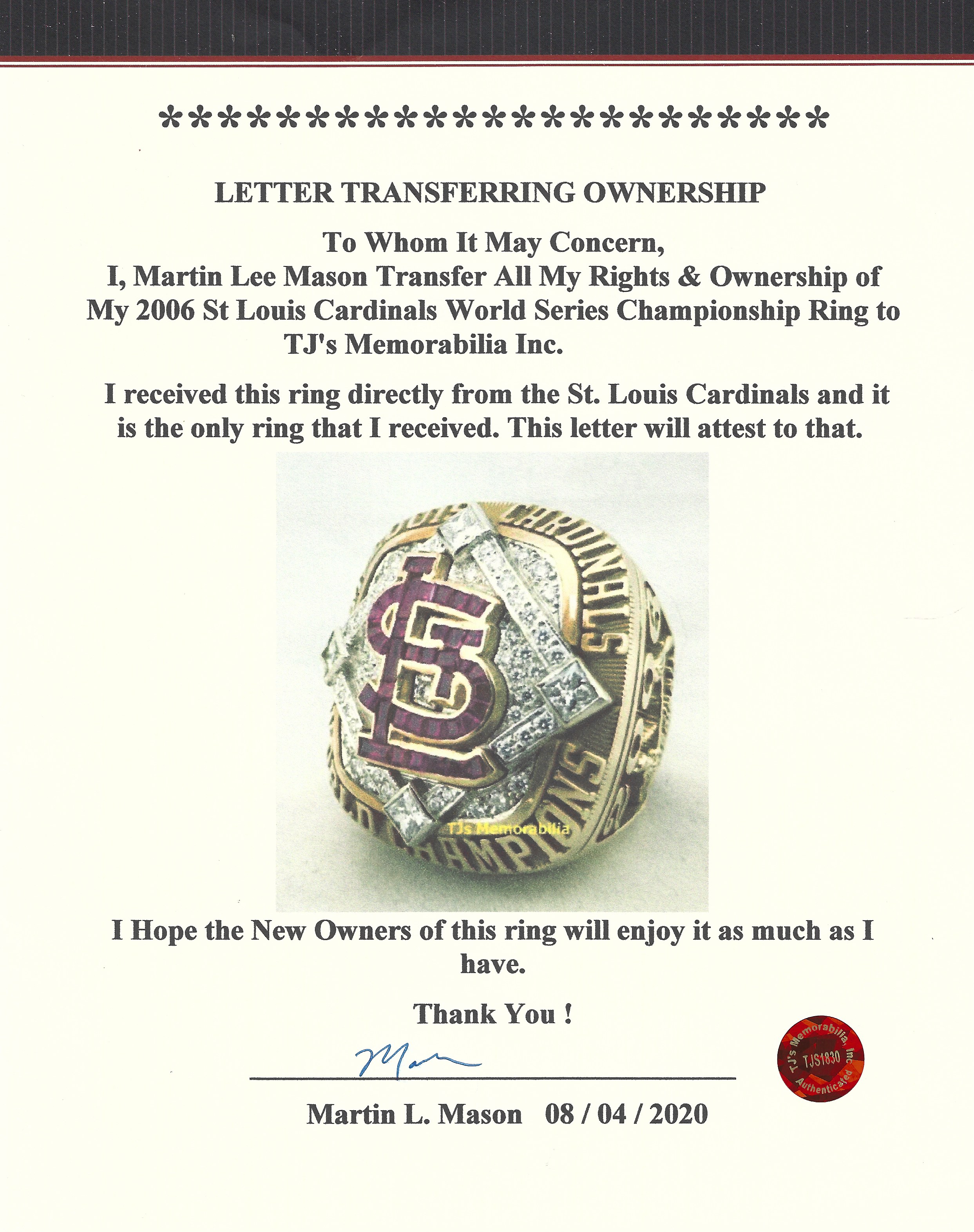 2006 St. Louis Cardinals World Series Championship Ring -  www.championshipringclub.com