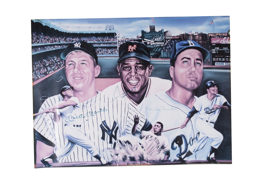 MICKEY MANTLE, WILLIE MAYS AND DUKE SNIDER MULTI SIGNED POSTER - BECKETT LOA