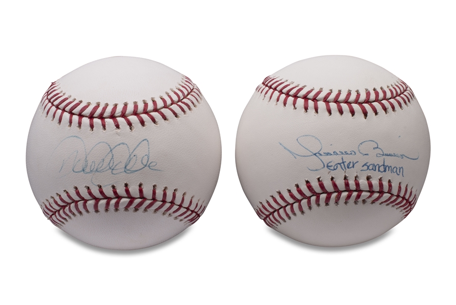 DEREK JETER AND MARIANO RIVERA PAIR OF AUTOGRAPHED BASEBALLS WITH ORIGINAL STEINER COLLECTOR GLASS CASES - BECKETT LOAS