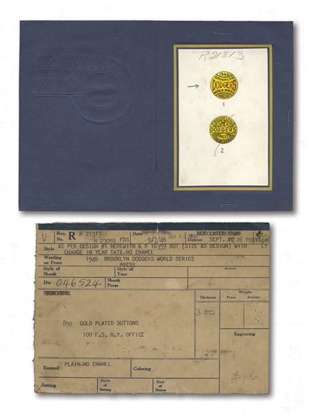 1946 BROOKLYN DODGERS WORLD SERIES "PHANTON" PRESS PIN ORIGINAL ARTWORK AND ORDER FORM (DIEGES & CLUST ARCHIVES)